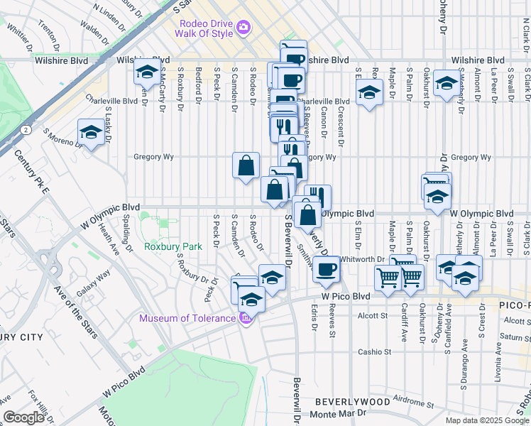 map of restaurants, bars, coffee shops, grocery stores, and more near 422 South Rodeo Drive in Beverly Hills