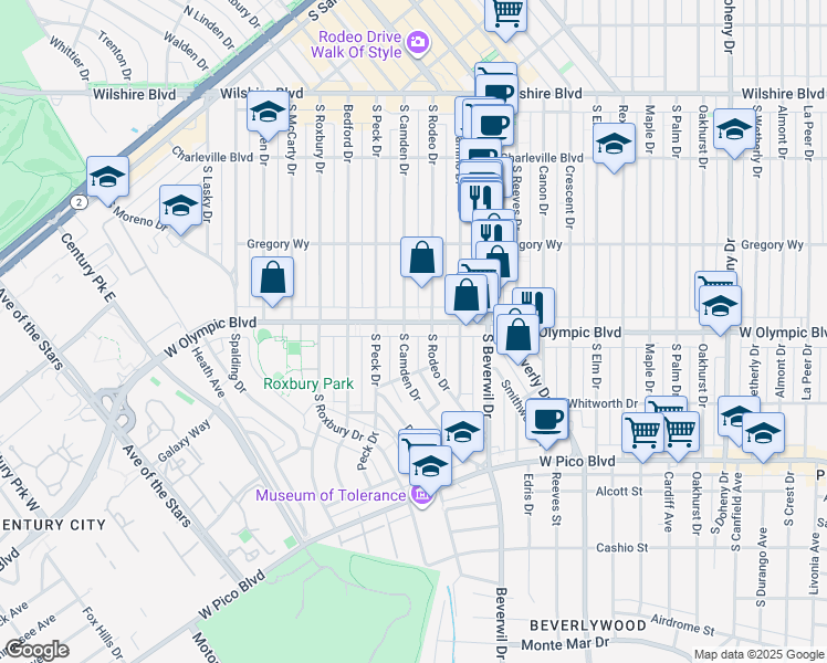 map of restaurants, bars, coffee shops, grocery stores, and more near 423 South Camden Drive in Beverly Hills