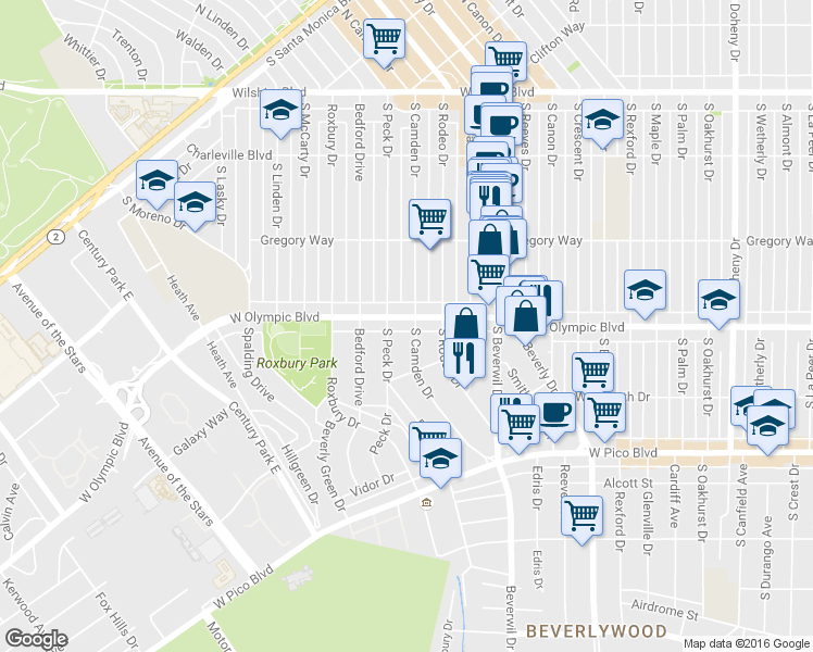 map of restaurants, bars, coffee shops, grocery stores, and more near 423 South Camden Drive in Beverly Hills