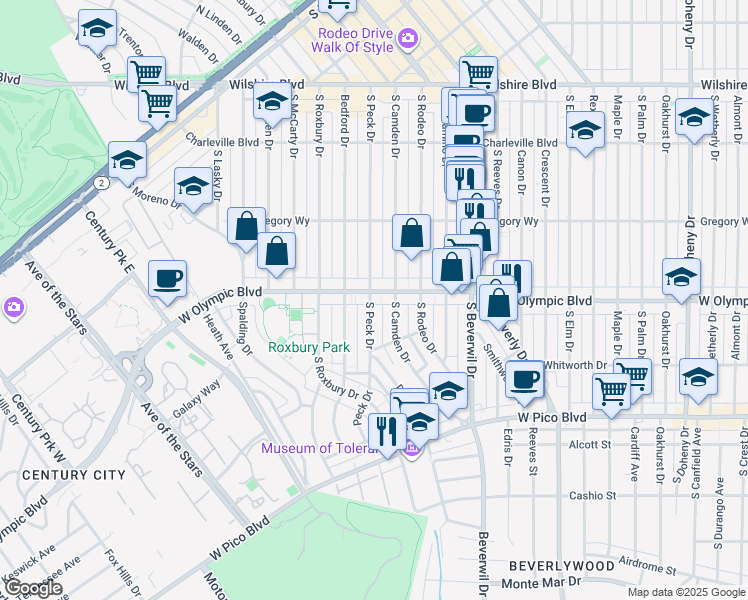 map of restaurants, bars, coffee shops, grocery stores, and more near 423 South Peck Drive in Beverly Hills