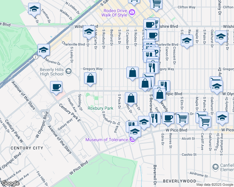 map of restaurants, bars, coffee shops, grocery stores, and more near 423 South Peck Drive in Beverly Hills
