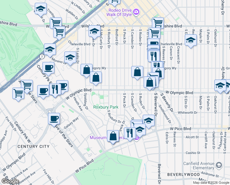 map of restaurants, bars, coffee shops, grocery stores, and more near 424 South Roxbury Drive in Beverly Hills