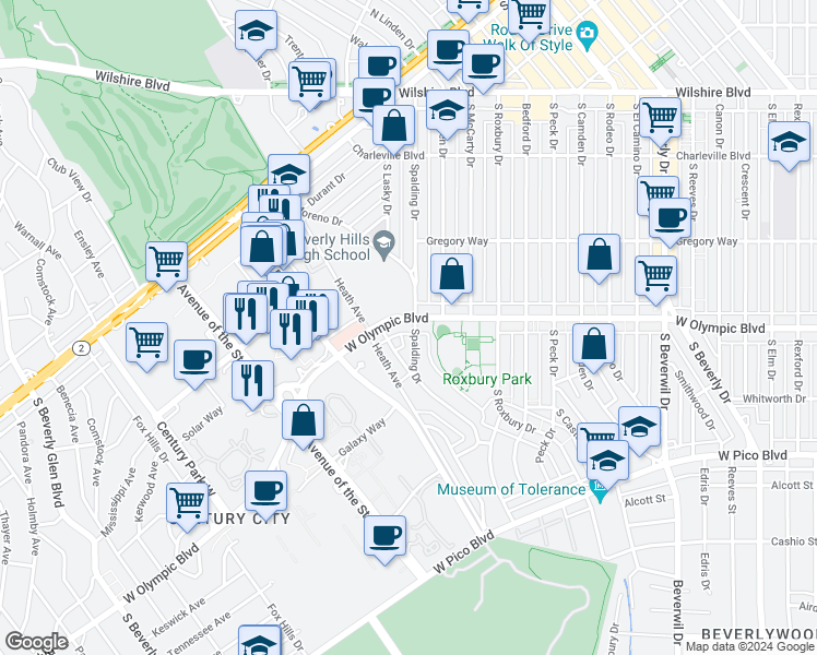 map of restaurants, bars, coffee shops, grocery stores, and more near 408 South Spalding Drive in Beverly Hills
