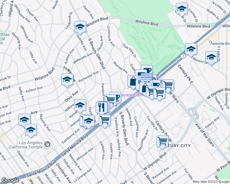 map of restaurants, bars, coffee shops, grocery stores, and more near 1616 South Beverly Glen Boulevard in Los Angeles