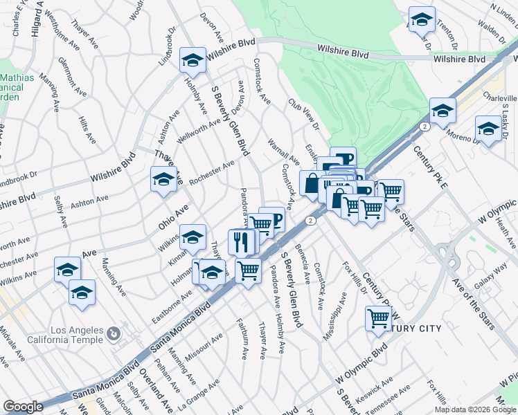 map of restaurants, bars, coffee shops, grocery stores, and more near 1616 South Beverly Glen Boulevard in Los Angeles