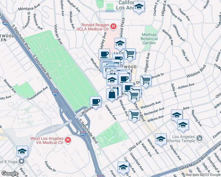 map of restaurants, bars, coffee shops, grocery stores, and more near 11100 Kinross Avenue in Los Angeles