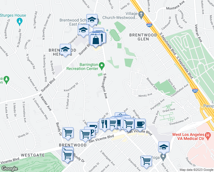 map of restaurants, bars, coffee shops, grocery stores, and more near 555 South Barrington Avenue in Los Angeles