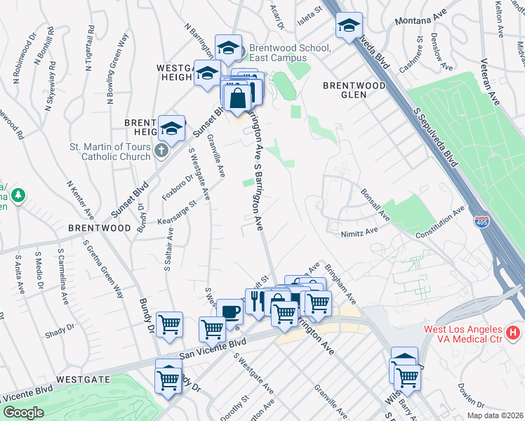 map of restaurants, bars, coffee shops, grocery stores, and more near 555 South Barrington Avenue in Los Angeles
