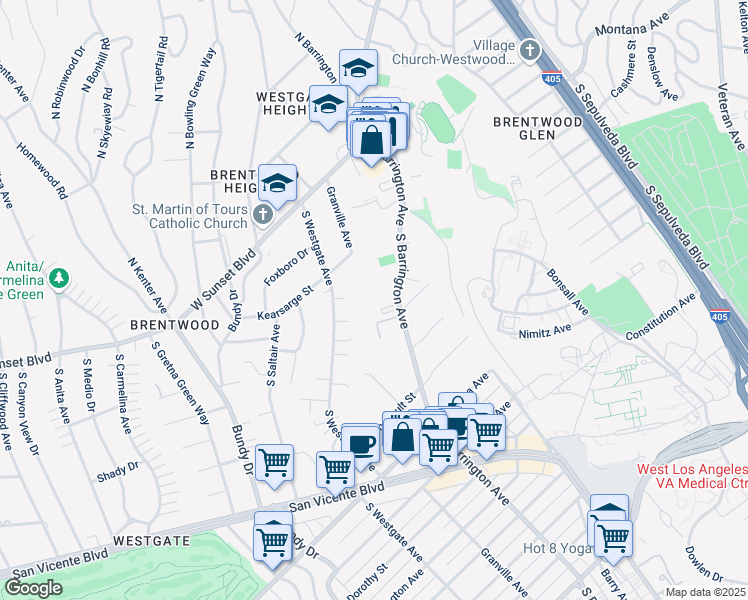 map of restaurants, bars, coffee shops, grocery stores, and more near 515 South Barrington Avenue in Los Angeles