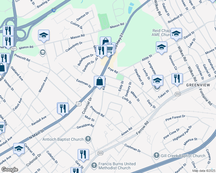 map of restaurants, bars, coffee shops, grocery stores, and more near 5858 Koon Road in Columbia