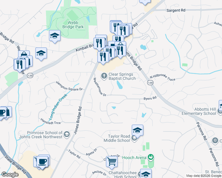 map of restaurants, bars, coffee shops, grocery stores, and more near 11412 Mabry Park Place in Johns Creek