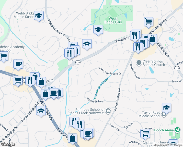map of restaurants, bars, coffee shops, grocery stores, and more near 4695 Hampton Square Drive in Alpharetta
