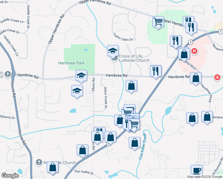 map of restaurants, bars, coffee shops, grocery stores, and more near 235 Arbor Creek Way in Roswell