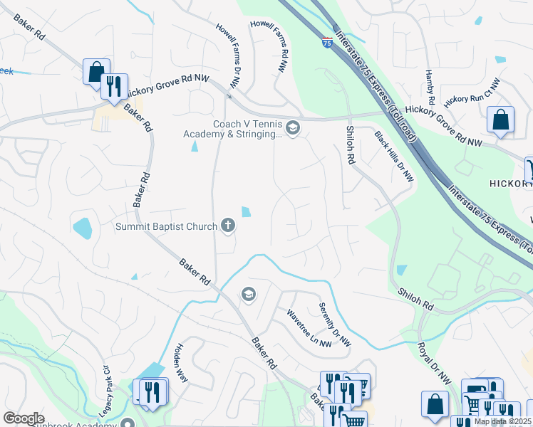 map of restaurants, bars, coffee shops, grocery stores, and more near 4321 Sugar Maple Chase Northwest in Acworth