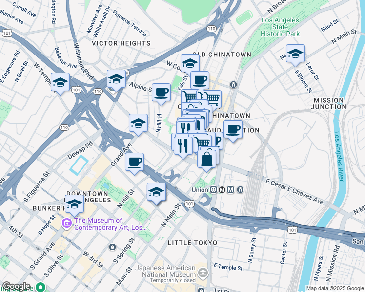 map of restaurants, bars, coffee shops, grocery stores, and more near 639 North Broadway in Los Angeles