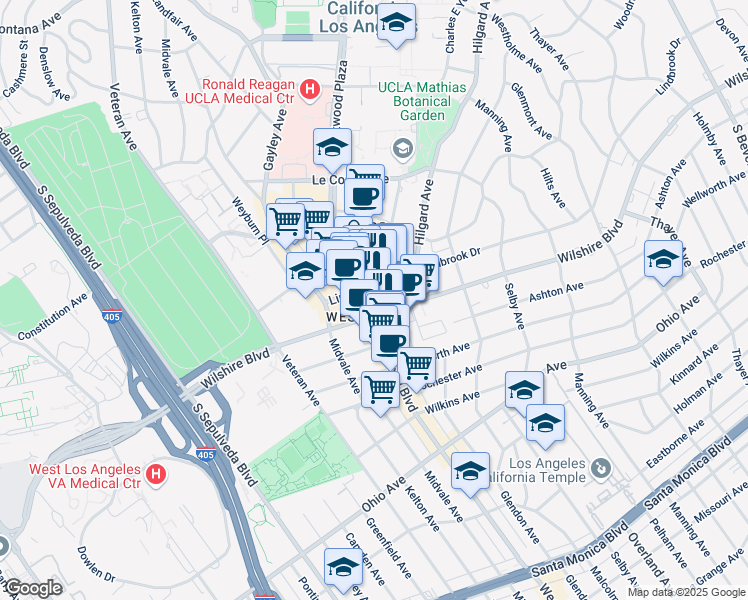 map of restaurants, bars, coffee shops, grocery stores, and more near 10899 Wilshire Boulevard in Los Angeles