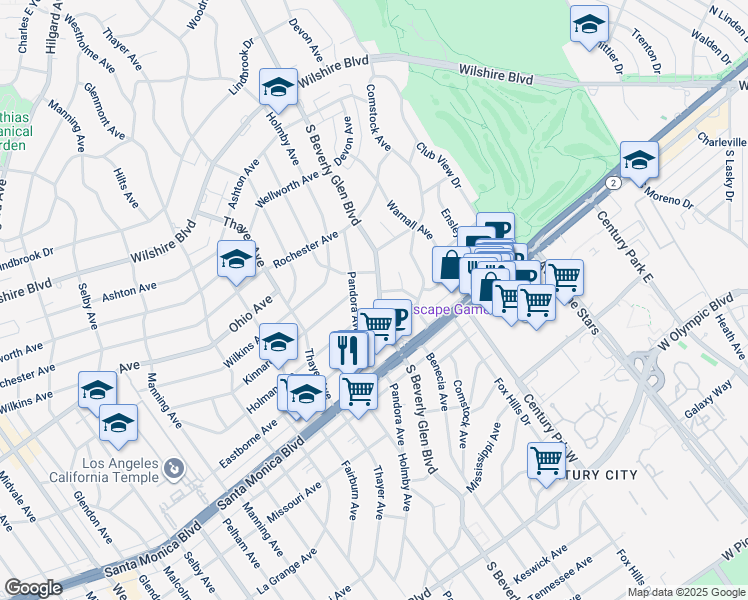 map of restaurants, bars, coffee shops, grocery stores, and more near 1616 South Beverly Glen Boulevard in Los Angeles