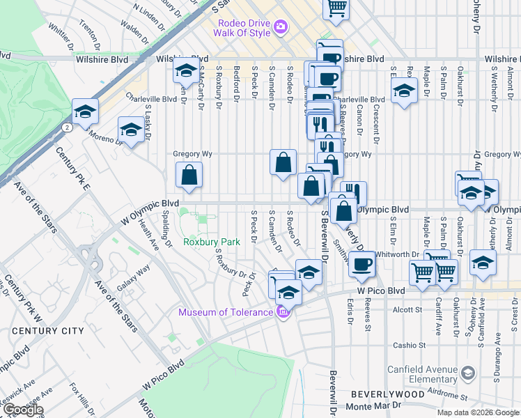 map of restaurants, bars, coffee shops, grocery stores, and more near 423 South Camden Drive in Beverly Hills