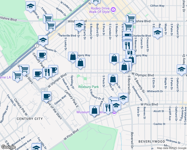 map of restaurants, bars, coffee shops, grocery stores, and more near 9654 West Olympic Boulevard in Beverly Hills