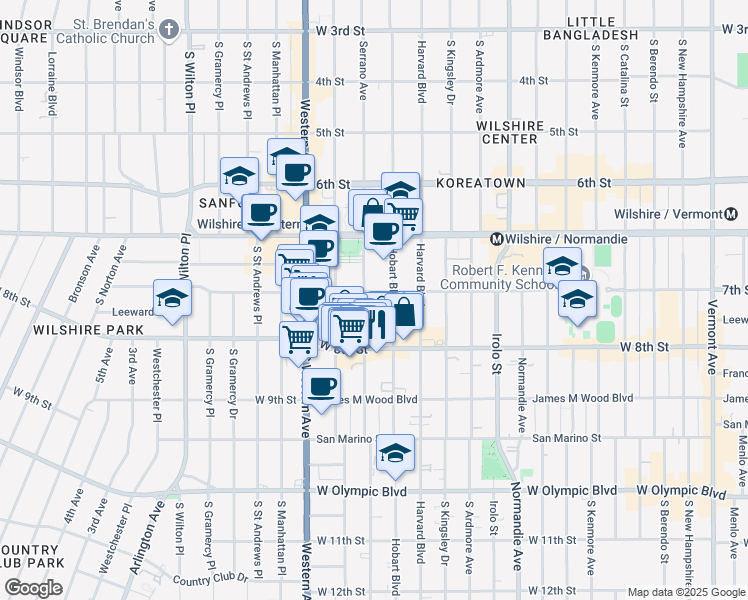 map of restaurants, bars, coffee shops, grocery stores, and more near 702 Serrano Avenue in Los Angeles