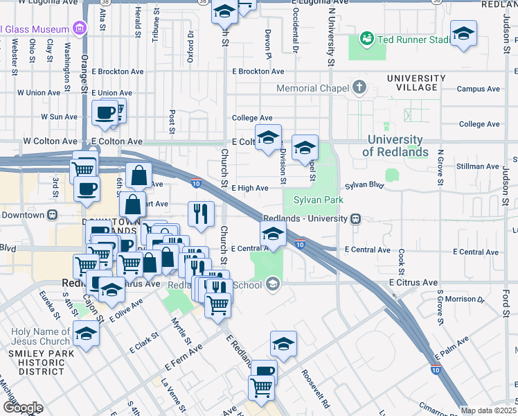 map of restaurants, bars, coffee shops, grocery stores, and more near 815 Sylvan Boulevard in Redlands