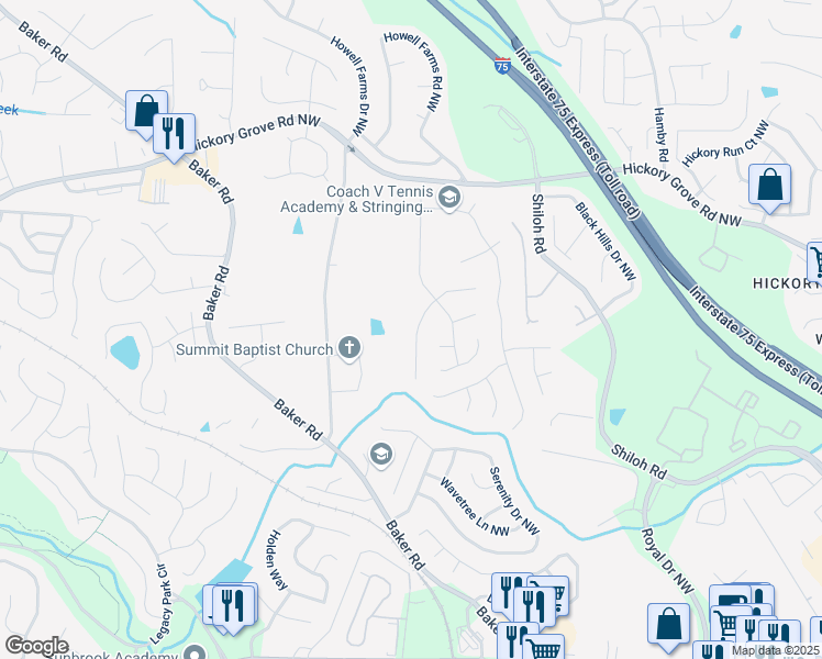 map of restaurants, bars, coffee shops, grocery stores, and more near 4321 Sugar Maple Chase Northwest in Acworth
