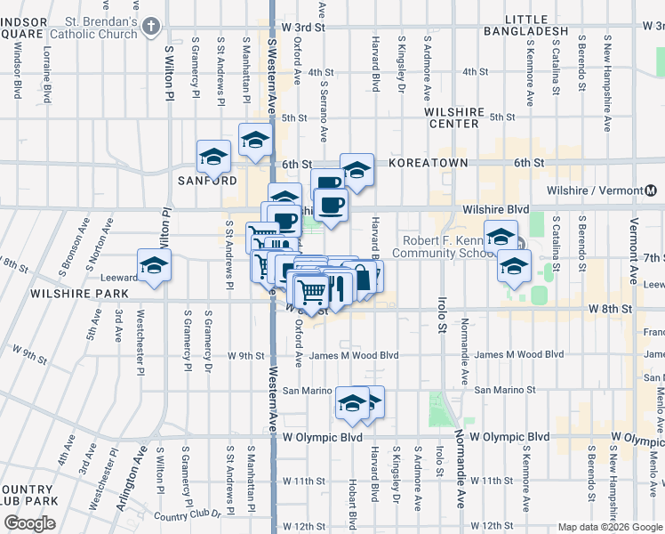 map of restaurants, bars, coffee shops, grocery stores, and more near 730 South Serrano Avenue in Los Angeles