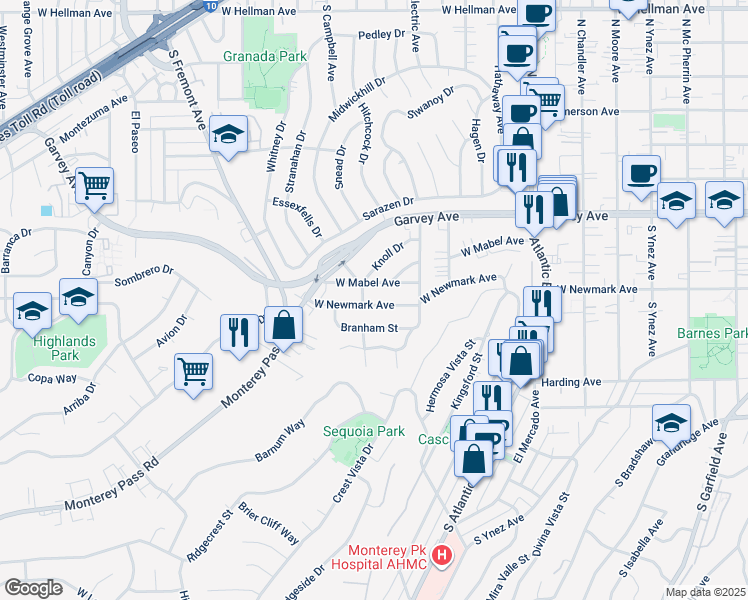 map of restaurants, bars, coffee shops, grocery stores, and more near 1145 West Newmark Avenue in Monterey Park