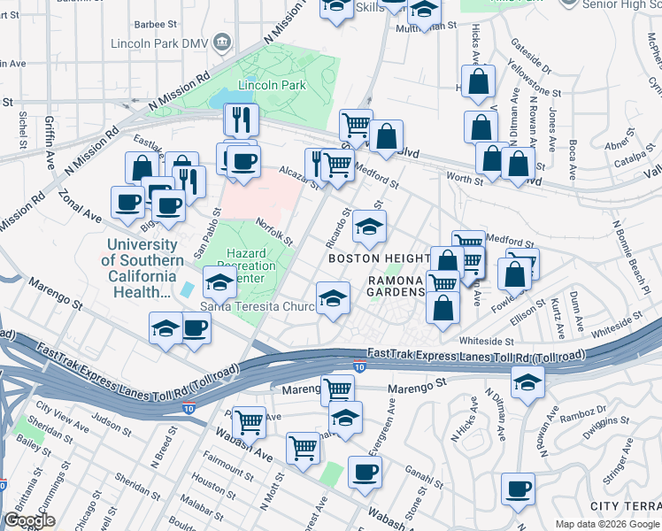 map of restaurants, bars, coffee shops, grocery stores, and more near 1450 Ricardo Street in Los Angeles