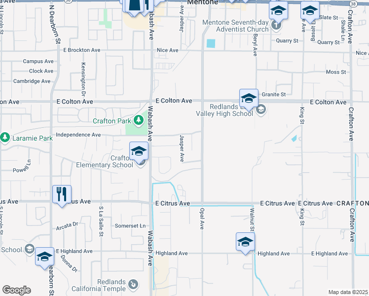map of restaurants, bars, coffee shops, grocery stores, and more near 10707 Jasper Avenue in Redlands