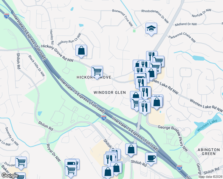 map of restaurants, bars, coffee shops, grocery stores, and more near 4297 Hathaway Court Northwest in Kennesaw