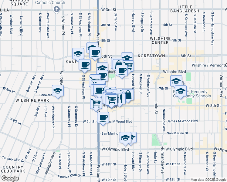 map of restaurants, bars, coffee shops, grocery stores, and more near 730 South Serrano Avenue in Los Angeles