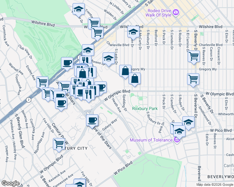 map of restaurants, bars, coffee shops, grocery stores, and more near 9850 West Olympic Boulevard in Beverly Hills