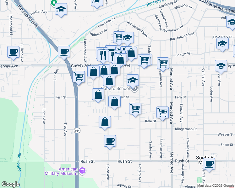 map of restaurants, bars, coffee shops, grocery stores, and more near in South El Monte