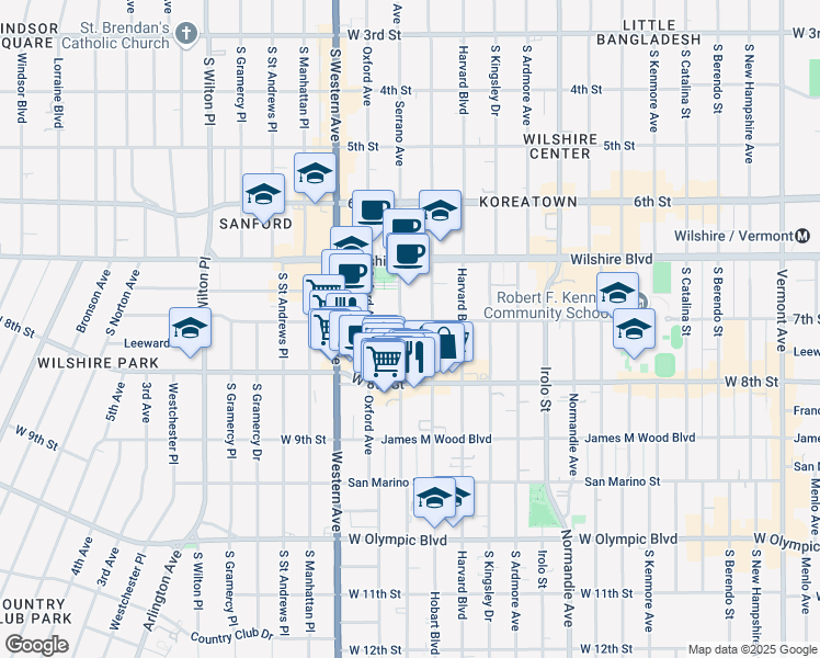 map of restaurants, bars, coffee shops, grocery stores, and more near 702 South Serrano Avenue in Los Angeles