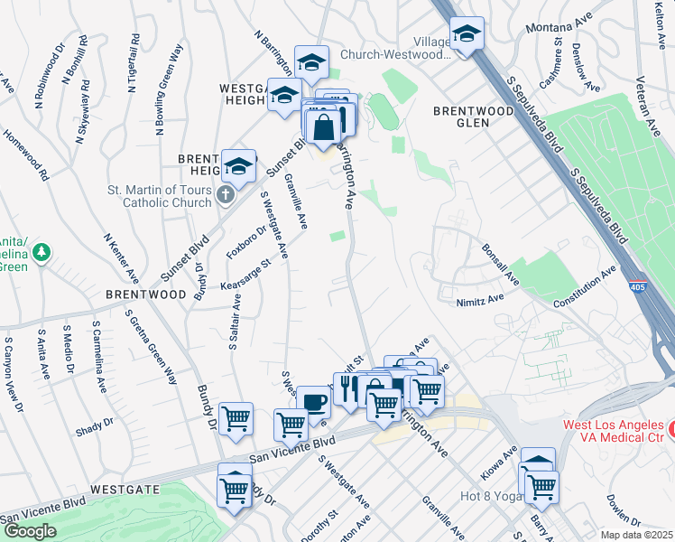 map of restaurants, bars, coffee shops, grocery stores, and more near 505 South Barrington Avenue in Los Angeles
