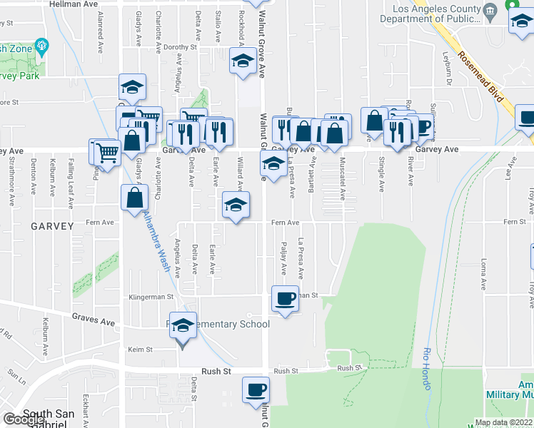 map of restaurants, bars, coffee shops, grocery stores, and more near 2612 Walnut Grove Avenue in Rosemead