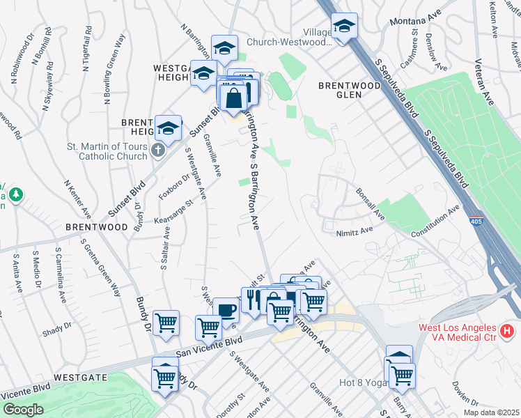 map of restaurants, bars, coffee shops, grocery stores, and more near 555 South Barrington Avenue in Los Angeles