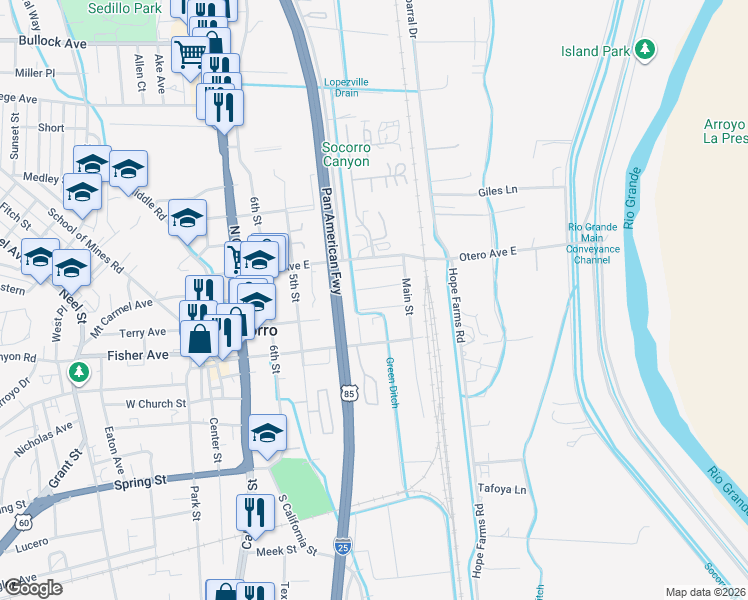 map of restaurants, bars, coffee shops, grocery stores, and more near 515 Sierra Bonita Street in Socorro