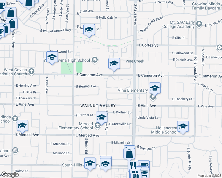 map of restaurants, bars, coffee shops, grocery stores, and more near 1681 Aspen Village Way in West Covina