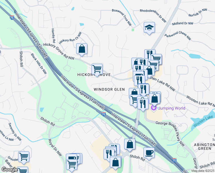 map of restaurants, bars, coffee shops, grocery stores, and more near 1604 Hathaway Place Northwest in Kennesaw