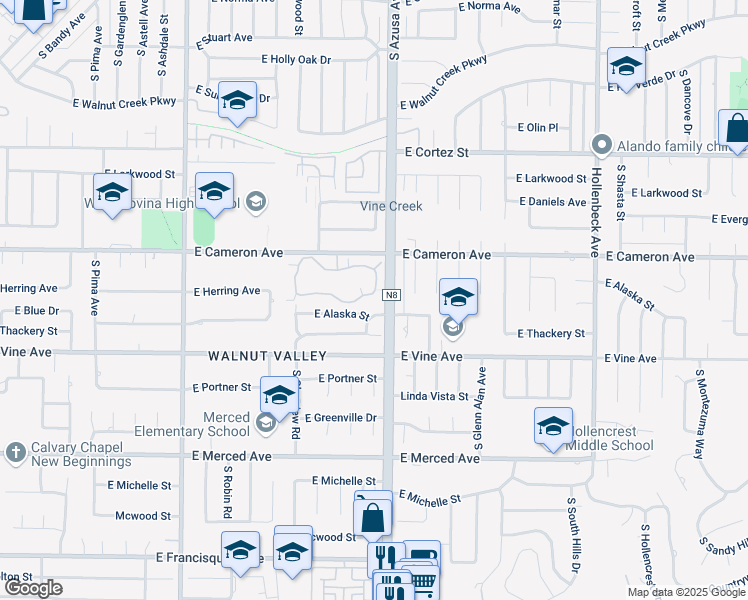 map of restaurants, bars, coffee shops, grocery stores, and more near 1743 Aspen Village Way in West Covina