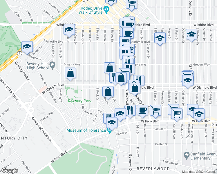 map of restaurants, bars, coffee shops, grocery stores, and more near 9554 West Olympic Boulevard in Beverly Hills