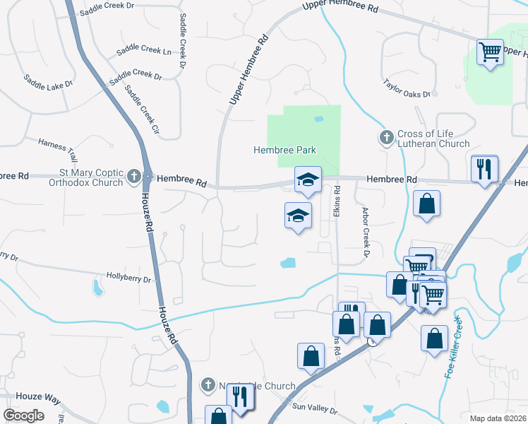 map of restaurants, bars, coffee shops, grocery stores, and more near 535 Hembree Grove Overlook in Roswell