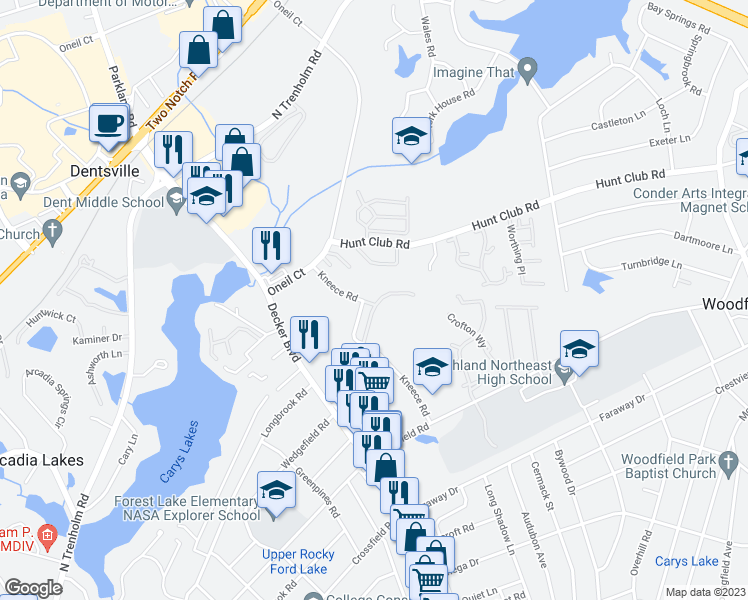 map of restaurants, bars, coffee shops, grocery stores, and more near 131 Angel Garden Way in Columbia