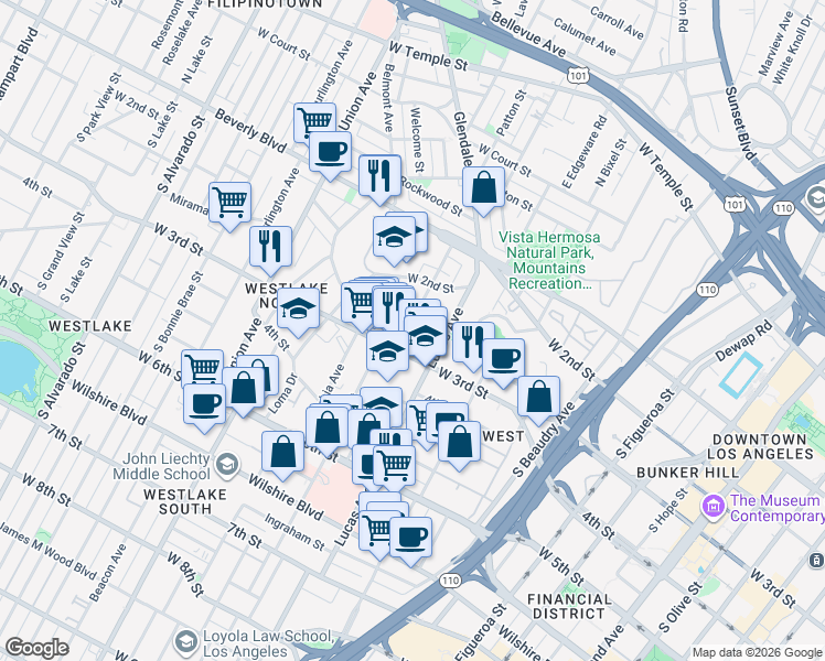 map of restaurants, bars, coffee shops, grocery stores, and more near 1445 West 3rd Street in Los Angeles