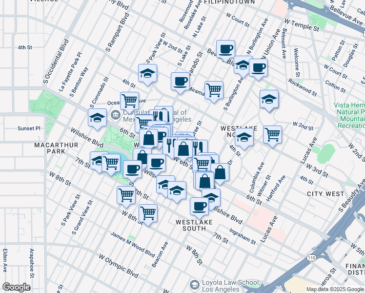 map of restaurants, bars, coffee shops, grocery stores, and more near 467 South Bonnie Brae Street in Los Angeles