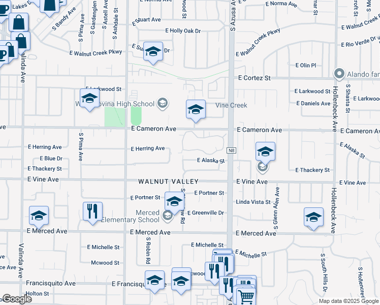 map of restaurants, bars, coffee shops, grocery stores, and more near 1681 Aspen Village Way in West Covina