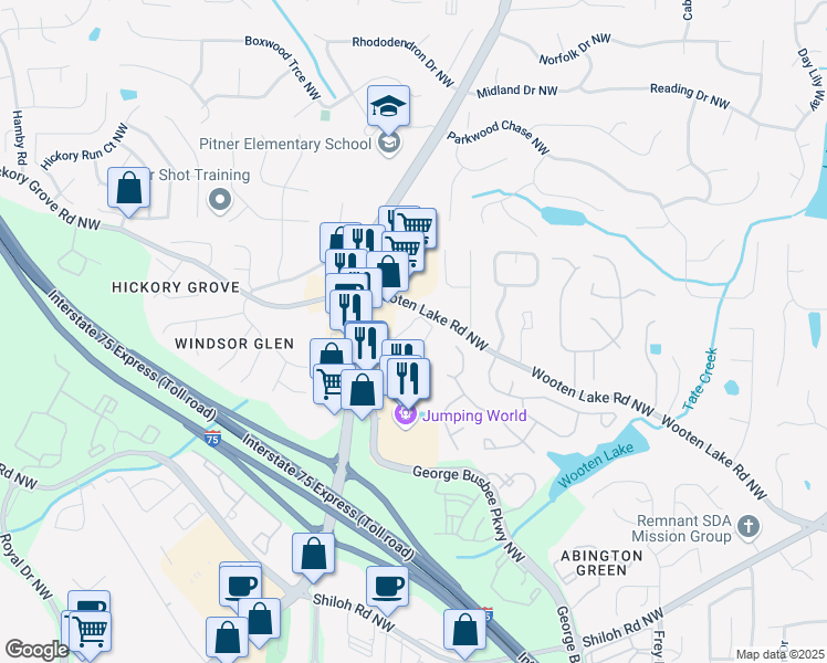 map of restaurants, bars, coffee shops, grocery stores, and more near 4200 Wade Green Road in Kennesaw