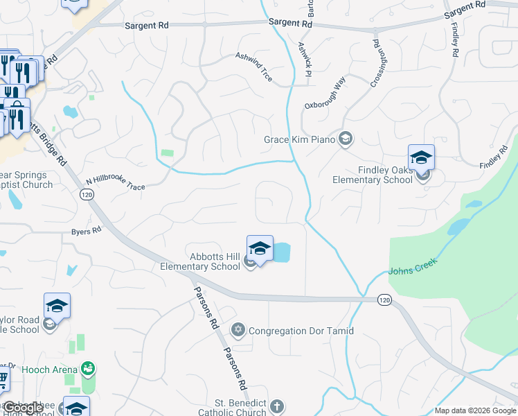 map of restaurants, bars, coffee shops, grocery stores, and more near 11175 Donnington Drive in Duluth